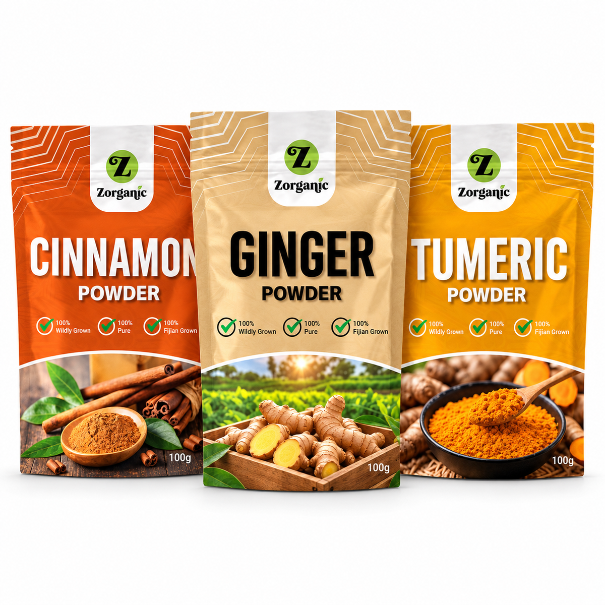 Zorganic Fiji Spice Value Bundle (3 Packets) - Cinnamon, Ginger & Turmeric