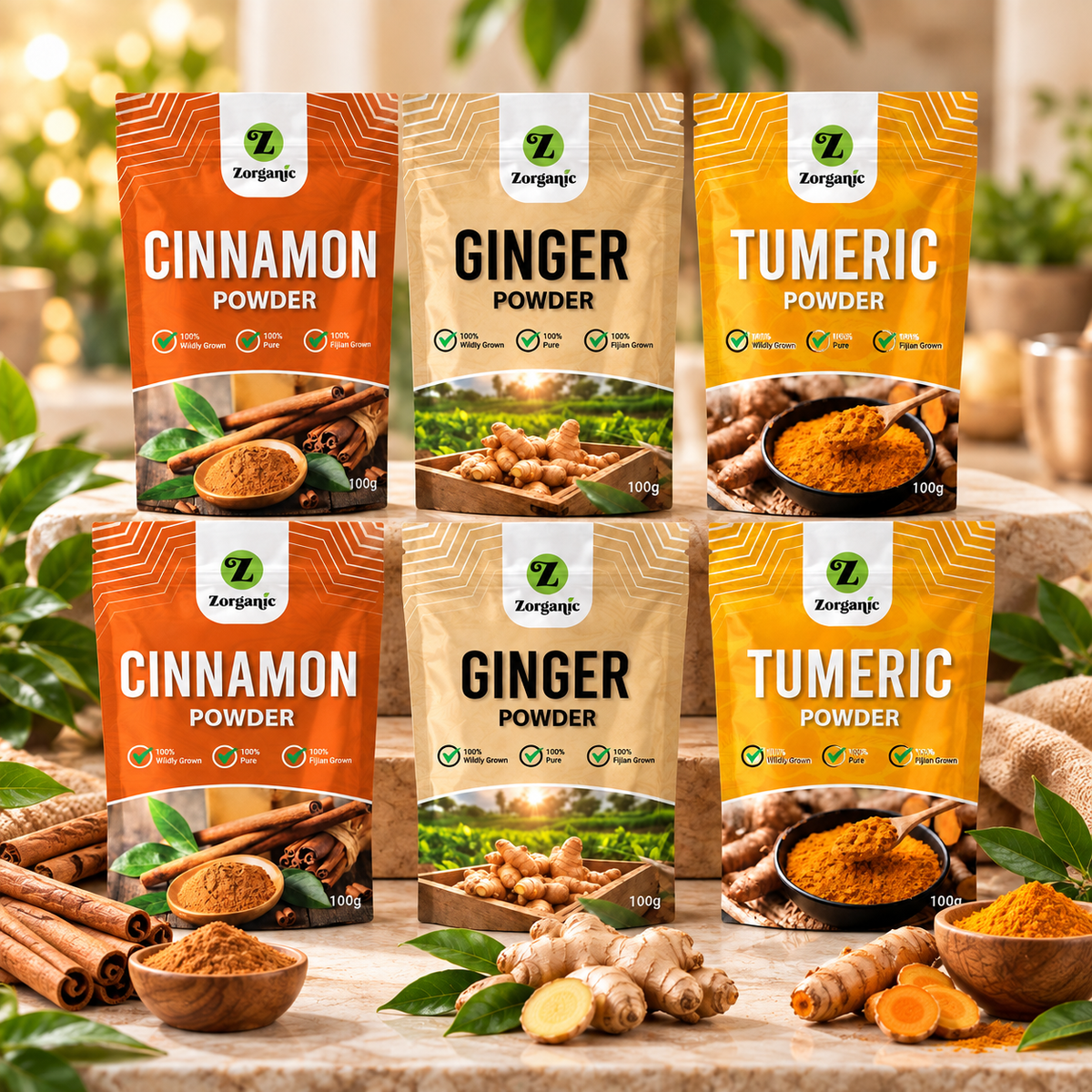 Zorganic Fiji Spice Value Bundle - 6 packets of Cinnamon, Ginger & Turmeric